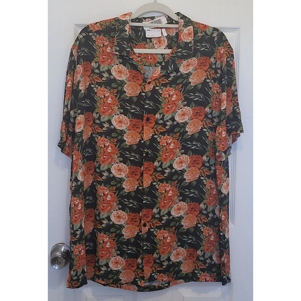 Asos Men's Floral Button Up Black and Peach Size XL